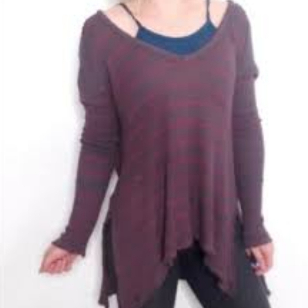 Free People Sunset Park Drippy Thermal Waffle Tunic Top XS Gray Red Stripes Boho